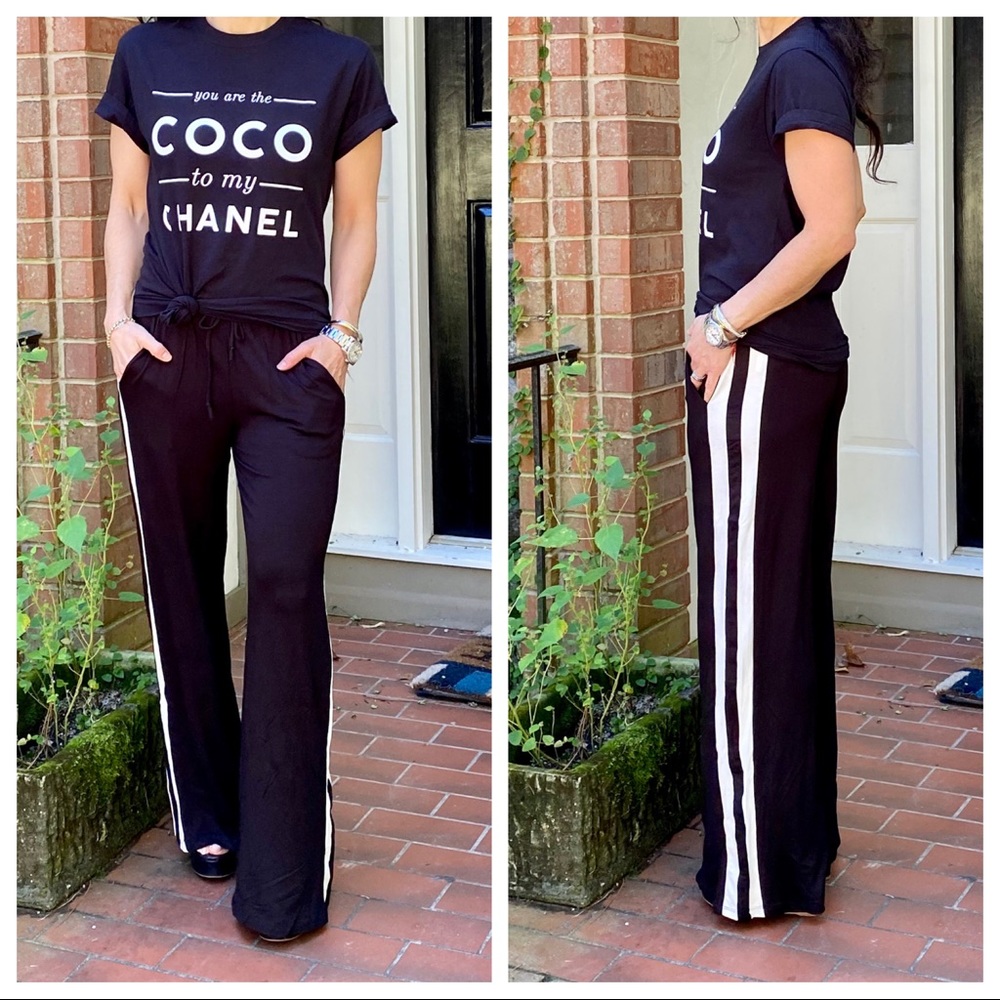 Black wide leg white side striped pants w/pockets - Picture 2 of 10